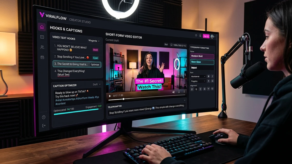Video Creator Teleprompter Interface and High-Impact Caption Formatter